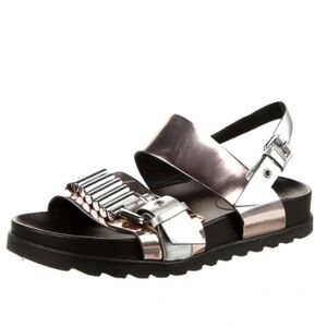 McQ Alexander McQueen Rita Metal Bar Leather Double Strap Sandals Metallic